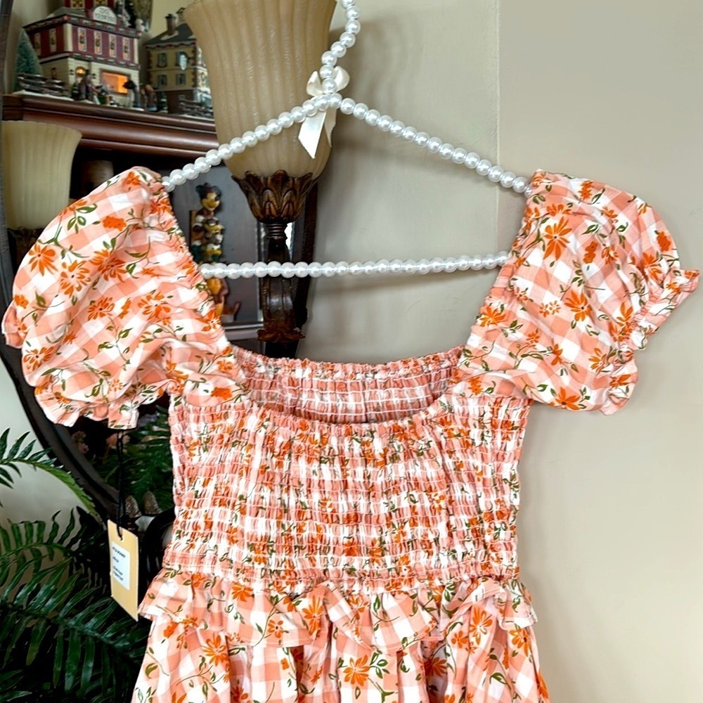 Brand New Smak Parlour Peach Gingham Floral Smocked Mini Dress Puff Sleeves Mod - Picture 11 of 15